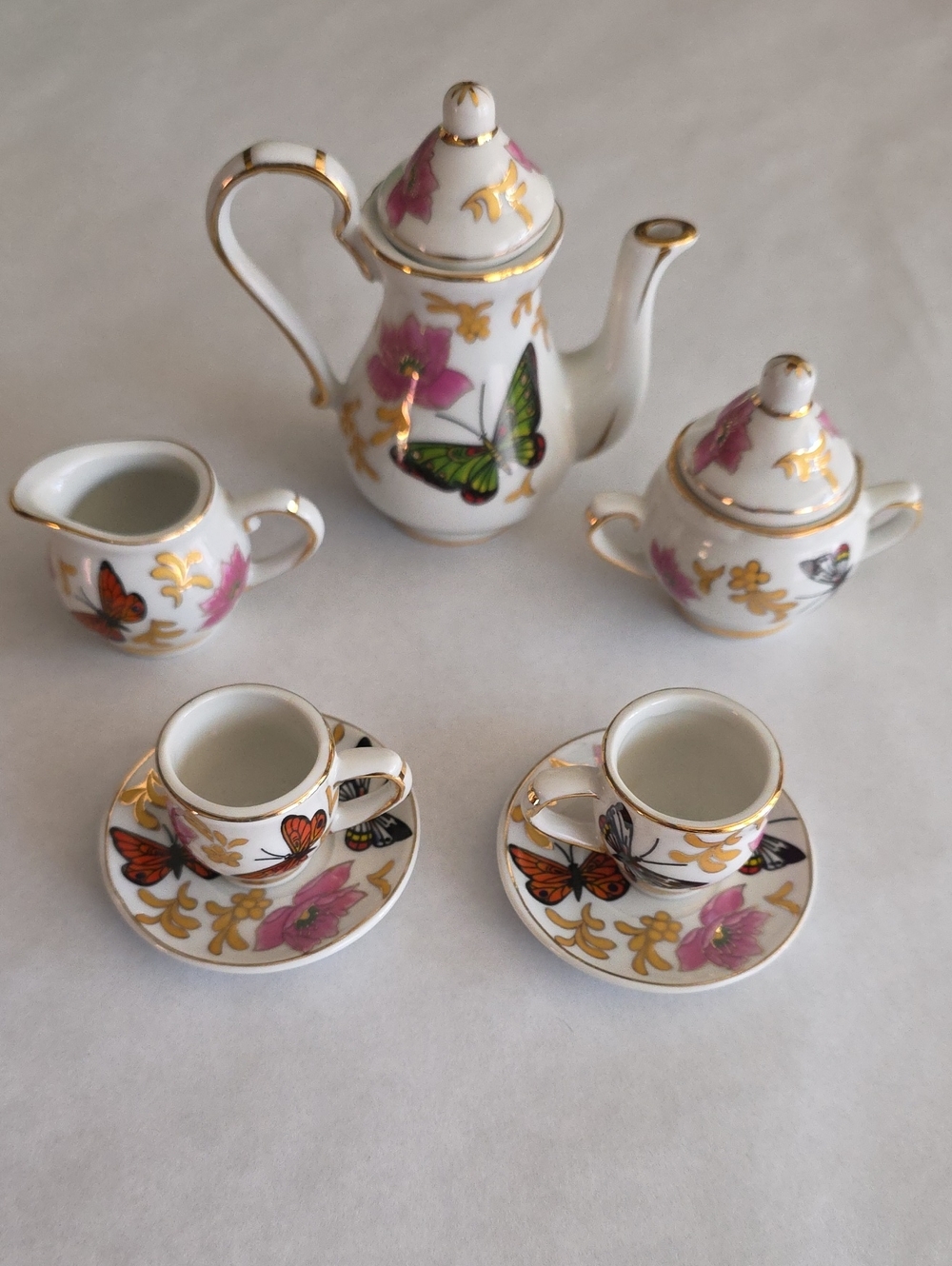 Miniature Vintage Porcelain Tea Set Butterflies/Flowers - (9) Piece Set